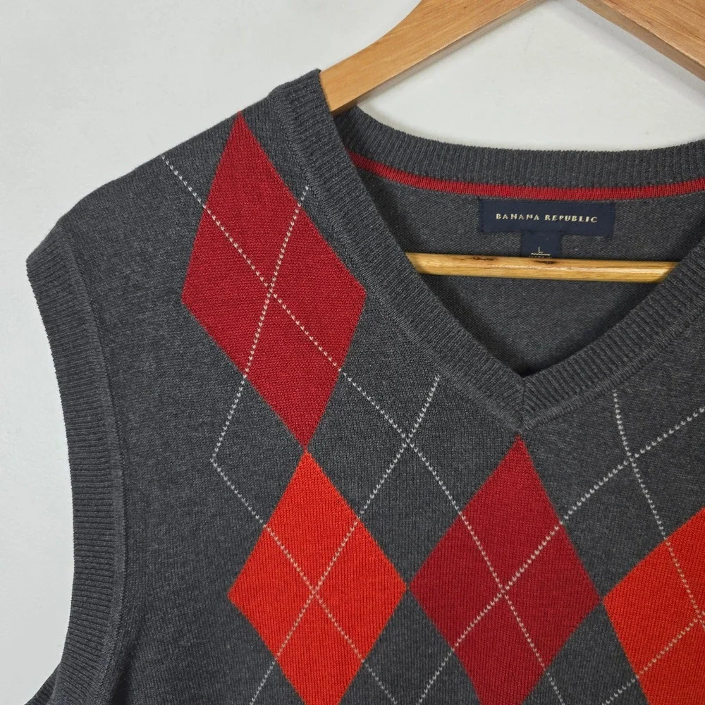 Banana‎ Republic Mens Silk Cashmere Argyle Sweater Vest Gray Red V-Neck Large